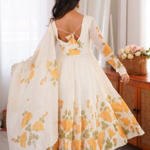 Yellow Flower Print Organza Silk Anarkali Set