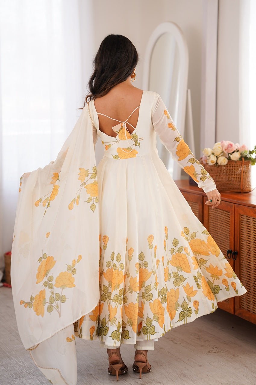 Yellow Flower Print Organza Silk Anarkali Set Yellow Flower Print Organza Silk Anarkali Set
