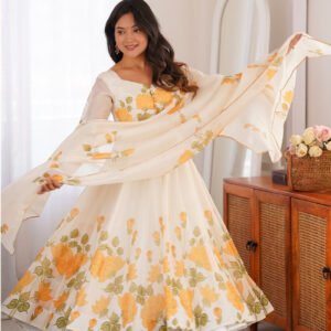 Yellow Flower Print Organza Silk Anarkali Set