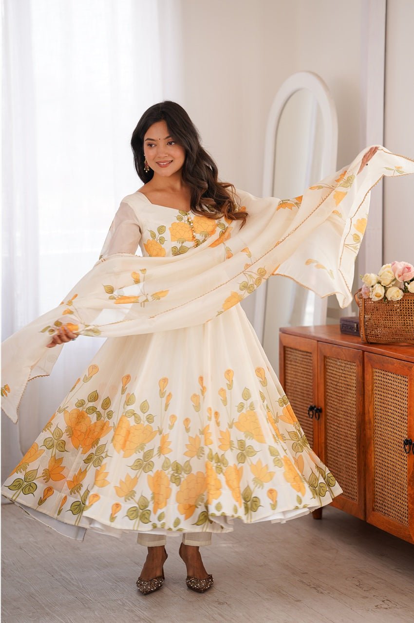 Yellow Flower Print Organza Silk Anarkali Set Yellow Flower Print Organza Silk Anarkali Set