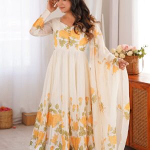 Yellow Flower Print Organza Silk Anarkali Set