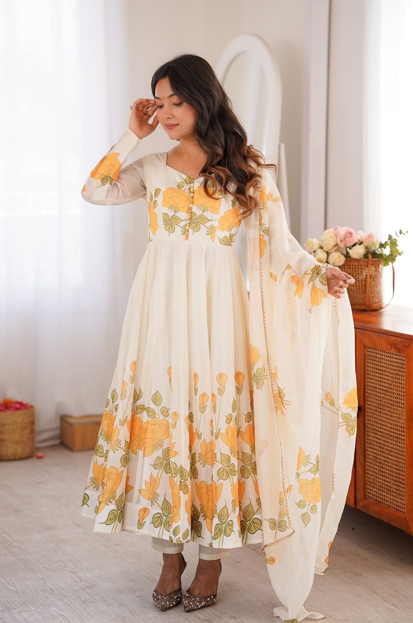 Yellow Flower Print Organza Silk Anarkali Set Yellow Flower Print Organza Silk Anarkali Set