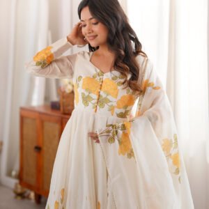 Yellow Flower Print Organza Silk Anarkali Set