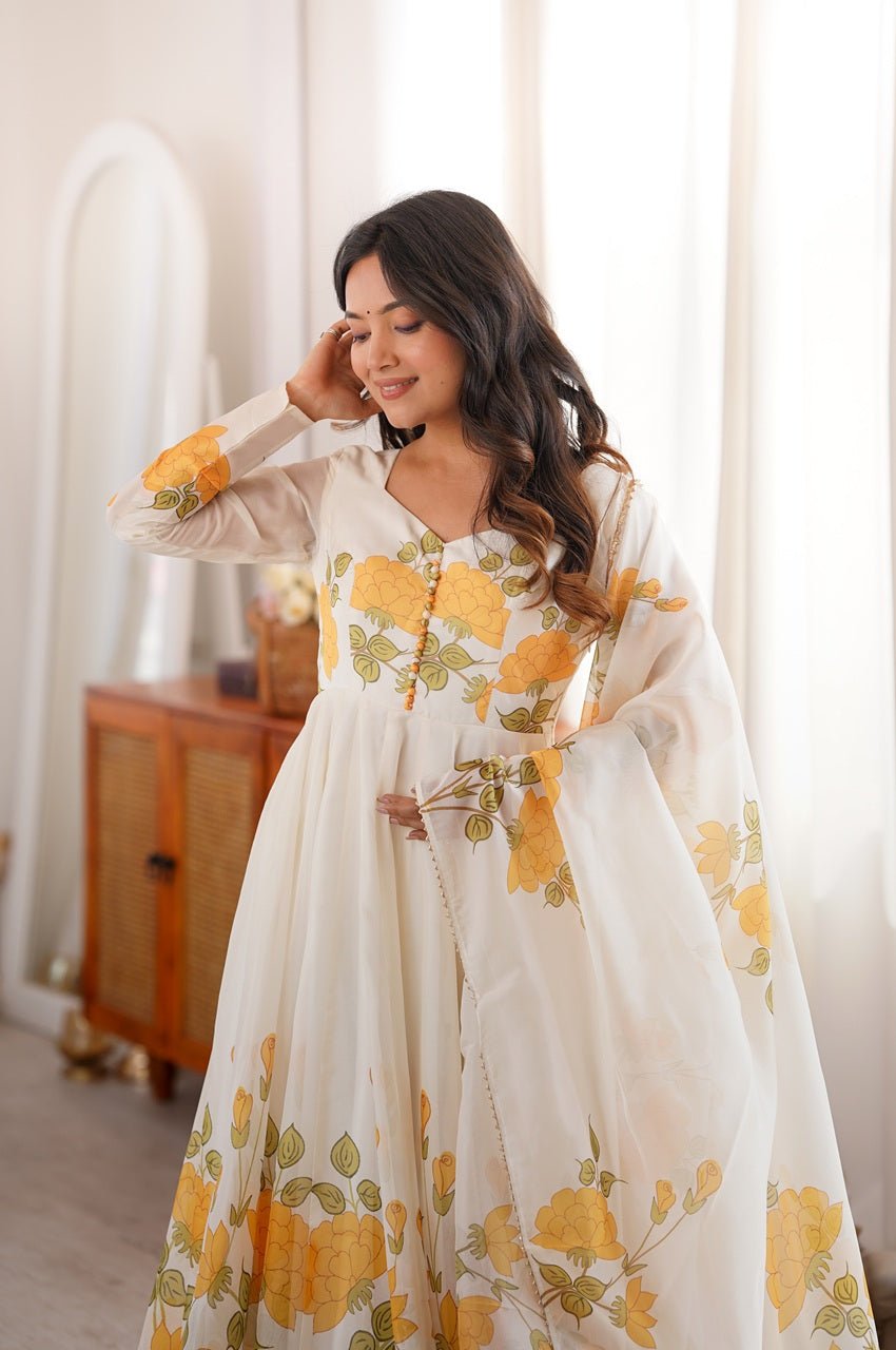 Yellow Flower Print Organza Silk Anarkali Set Yellow Flower Print Organza Silk Anarkali Set