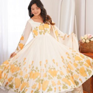 Yellow Flower Print Organza Silk Anarkali Set