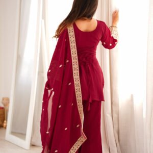 Premium Maroon Crunchy Silk Embroidery Sequence Kurta Bell Bottom Pant Set with Dupatta