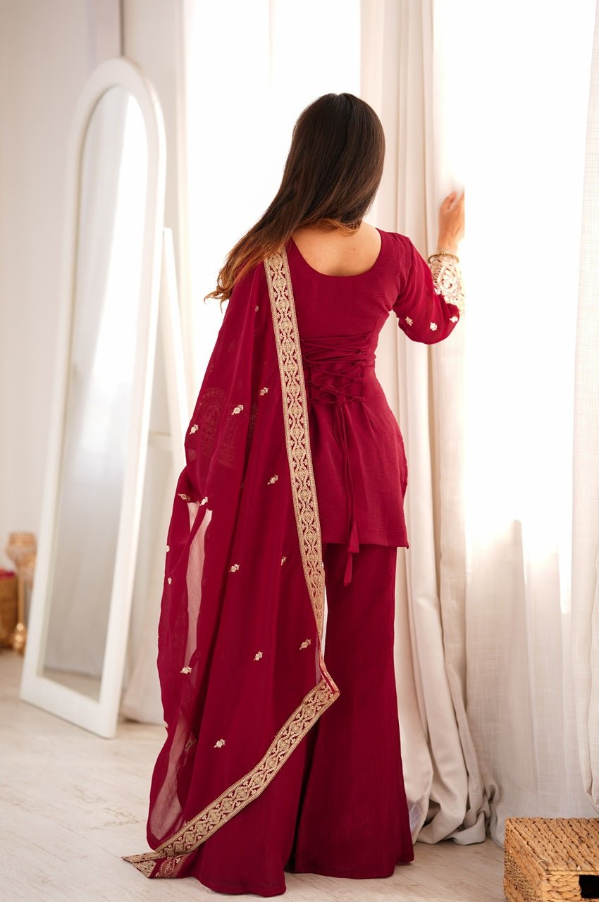 Premium Maroon Crunchy Silk Embroidery Sequence Kurta Bell Bottom Pant Set with Dupatta Premium Maroon Crunchy Silk Embroidery Sequence Kurta Bell Bottom Pant Set with Dupatta