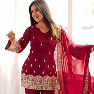 Premium Maroon Crunchy Silk Embroidery Sequence Kurta Bell Bottom Pant Set with Dupatta