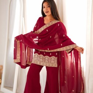 Premium Maroon Crunchy Silk Embroidery Sequence Kurta Bell Bottom Pant Set with Dupatta