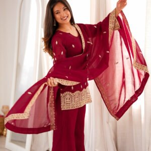 Premium Maroon Crunchy Silk Embroidery Sequence Kurta Bell Bottom Pant Set with Dupatta