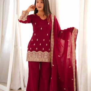 Premium Maroon Crunchy Silk Embroidery Sequence Kurta Bell Bottom Pant Set with Dupatta