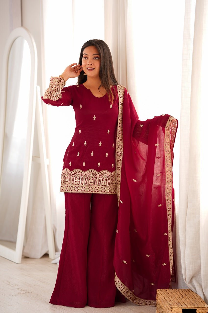 Premium Maroon Crunchy Silk Embroidery Sequence Kurta Bell Bottom Pant Set with Dupatta Premium Maroon Crunchy Silk Embroidery Sequence Kurta Bell Bottom Pant Set with Dupatta