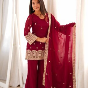 Premium Maroon Crunchy Silk Embroidery Sequence Kurta Bell Bottom Pant Set with Dupatta