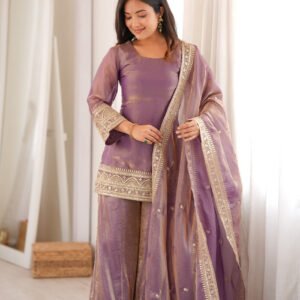 Mauve Frendy Silk Embroidered Kurta Palazzo Set with Sequins Dupatta