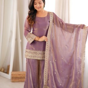 Mauve Frendy Silk Embroidered Kurta Palazzo Set with Sequins Dupatta