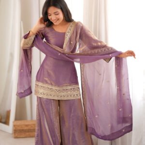 Mauve Frendy Silk Embroidered Kurta Palazzo Set with Sequins Dupatta