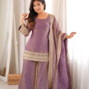 Mauve Frendy Silk Embroidered Kurta Palazzo Set with Sequins Dupatta