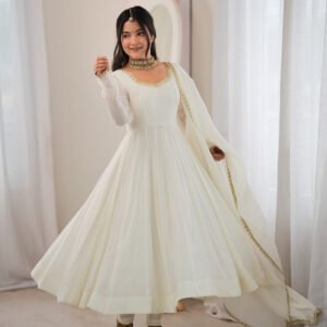 White Mal Chanderi Mirror Work 16 Kali Anarkali Suit with Dupatta