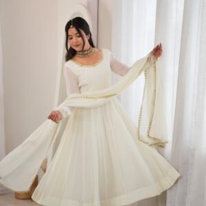 White Mal Chanderi Mirror Work 16 Kali Anarkali Suit with Dupatta