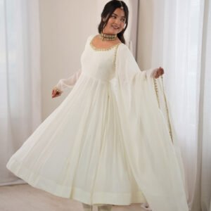 White Mal Chanderi Mirror Work 16 Kali Anarkali Suit with Dupatta