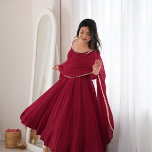Maroon Mal Chanderi Mirror Work 16 Kali Anarkali Suit with Dupatta