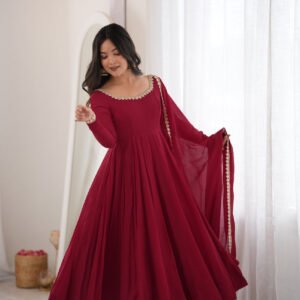 Maroon Mal Chanderi Mirror Work 16 Kali Anarkali Suit with Dupatta