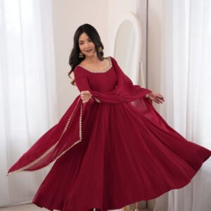 Maroon Mal Chanderi Mirror Work 16 Kali Anarkali Suit with Dupatta