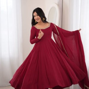Maroon Mal Chanderi Mirror Work 16 Kali Anarkali Suit with Dupatta
