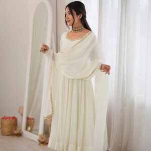 White Mal Chanderi Mirror Work 16 Kali Anarkali Suit with Dupatta
