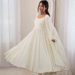 White Mal Chanderi Mirror Work 16 Kali Anarkali Suit with Dupatta