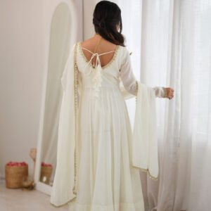 White Mal Chanderi Mirror Work 16 Kali Anarkali Suit with Dupatta