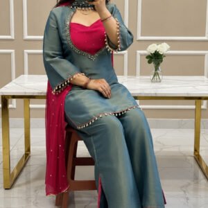 Premium Teal Blue Roman Glass Silk Kurti Palazzo Set