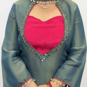 Premium Teal Blue Roman Glass Silk Kurti Palazzo Set