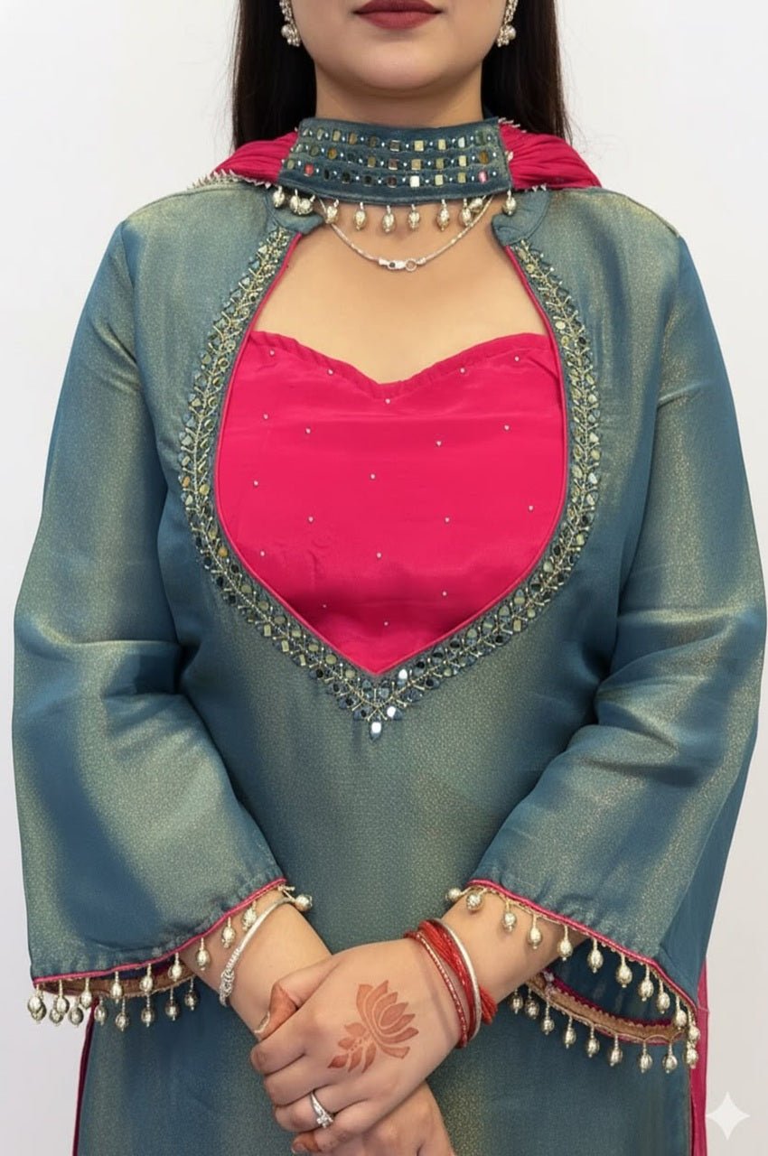 Premium Teal Blue Roman Glass Silk Kurti Palazzo Set Premium Teal Blue Roman Glass Silk Kurti Palazzo Set