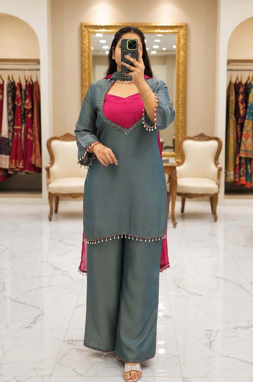 Premium Teal Blue Roman Glass Silk Kurti Palazzo Set Premium Teal Blue Roman Glass Silk Kurti Palazzo Set
