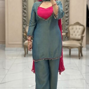 Premium Teal Blue Roman Glass Silk Kurti Palazzo Set