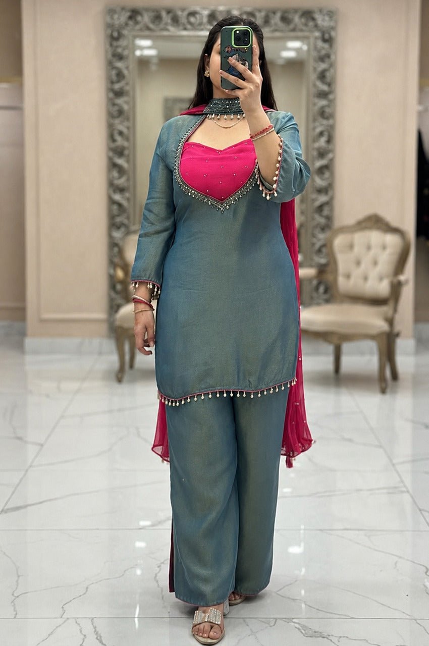 Premium Teal Blue Roman Glass Silk Kurti Palazzo Set Premium Teal Blue Roman Glass Silk Kurti Palazzo Set