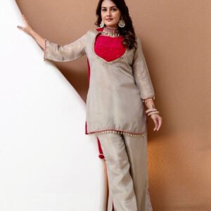 Premium Golden Beige Roman Glass Silk Bustier Suit Set