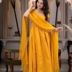 Mango Chanderi Jacquard Mirror Work Anarkali Suit Set