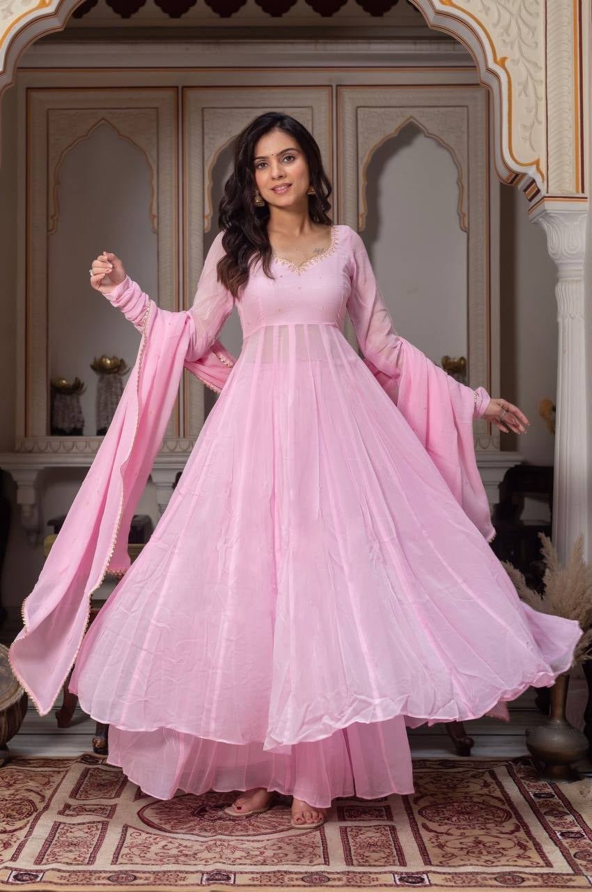 Baby Pink Fox Georgette Anarkali Suit Set with Handcrafted Detailing and Palazzo Baby Pink Fox Georgette Anarkali Suit Set with Handcrafted Detailing and Palazzo