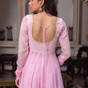 Baby Pink Fox Georgette Anarkali Suit Set with Handcrafted Detailing and Palazzo