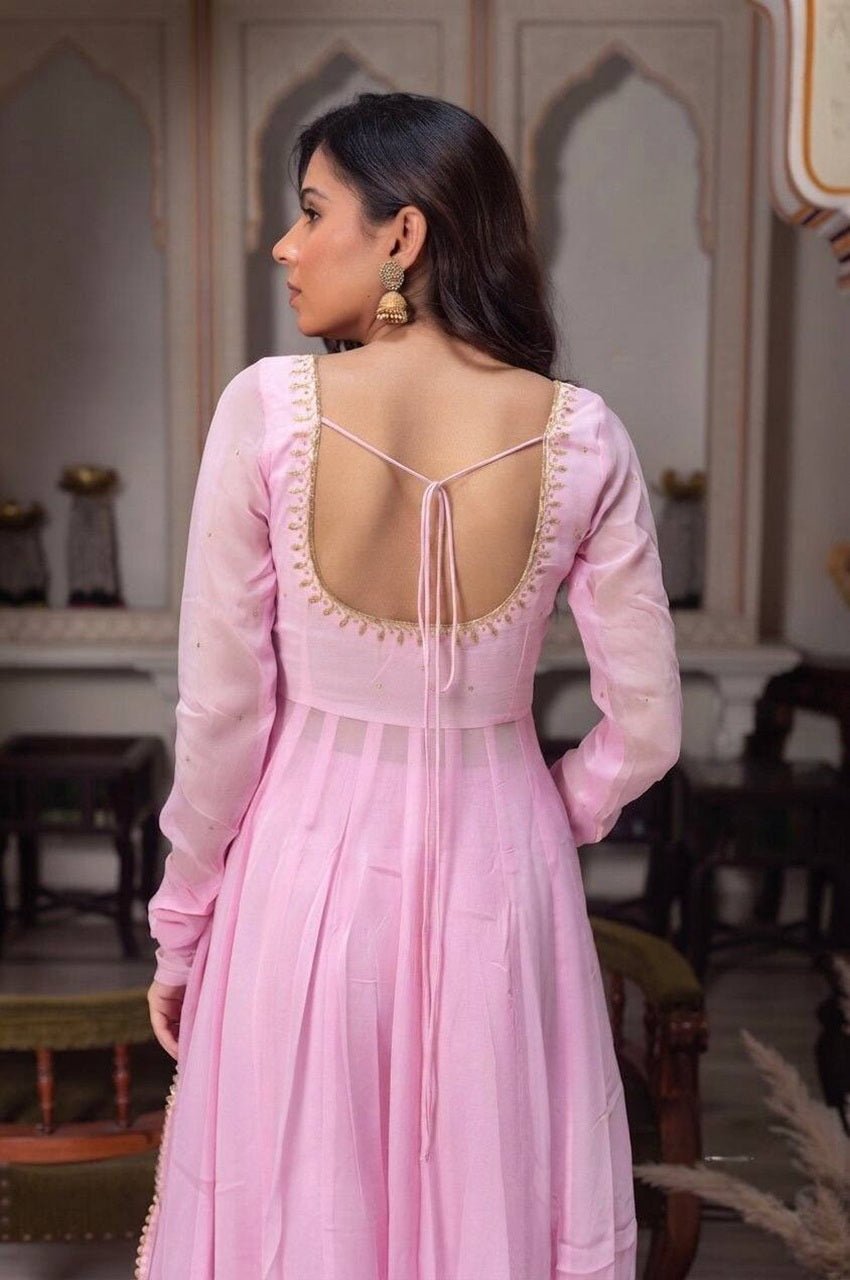 Baby Pink Fox Georgette Anarkali Suit Set with Handcrafted Detailing and Palazzo Baby Pink Fox Georgette Anarkali Suit Set with Handcrafted Detailing and Palazzo