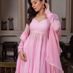 Baby Pink Fox Georgette Anarkali Suit Set with Handcrafted Detailing and Palazzo