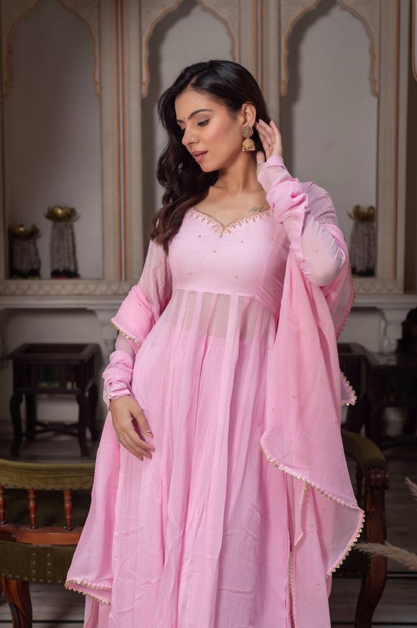 Baby Pink Fox Georgette Anarkali Suit Set with Handcrafted Detailing and Palazzo Baby Pink Fox Georgette Anarkali Suit Set with Handcrafted Detailing and Palazzo