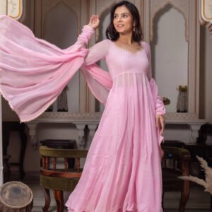 Baby Pink Fox Georgette Anarkali Suit Set with Handcrafted Detailing and Palazzo