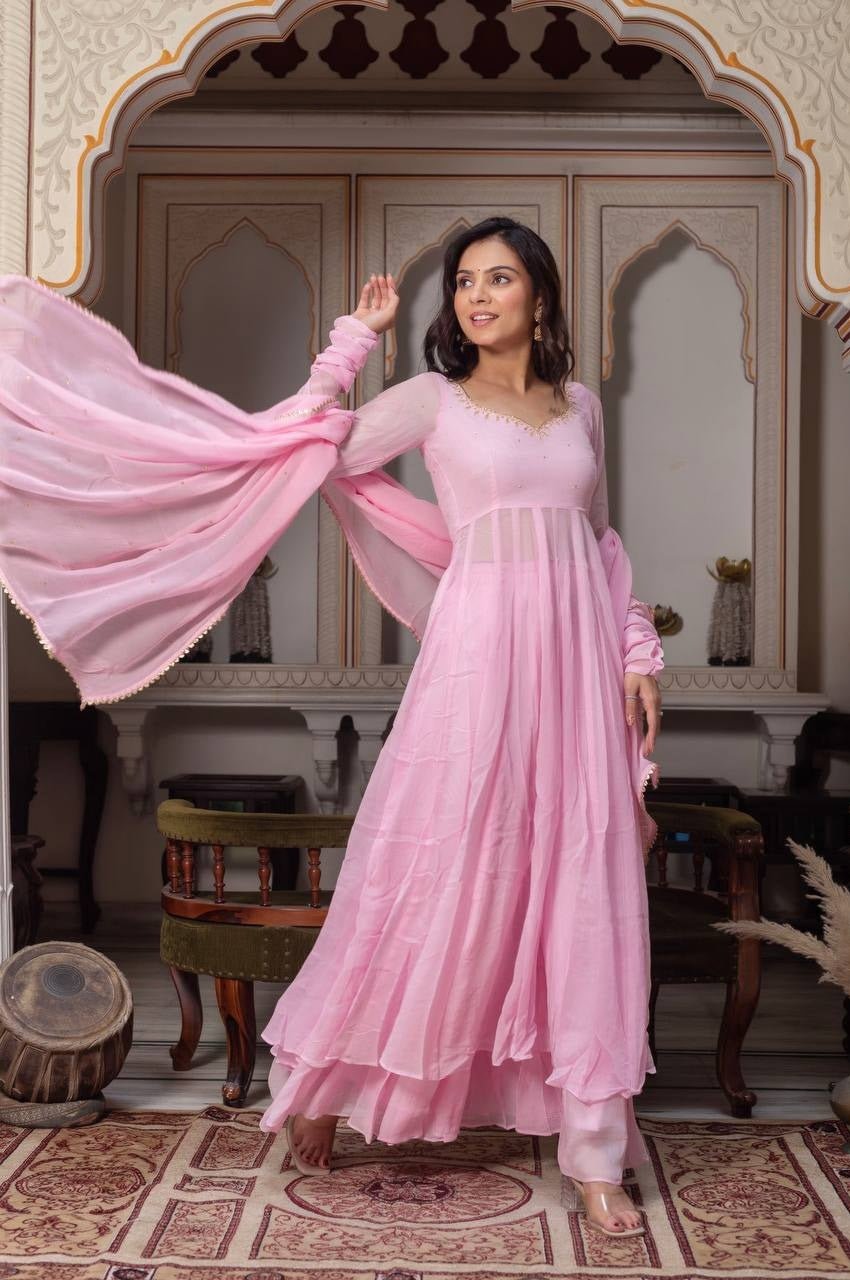 Baby Pink Fox Georgette Anarkali Suit Set with Handcrafted Detailing and Palazzo Baby Pink Fox Georgette Anarkali Suit Set with Handcrafted Detailing and Palazzo