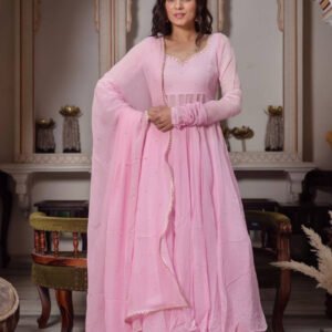 Baby Pink Fox Georgette Anarkali Suit Set with Handcrafted Detailing and Palazzo
