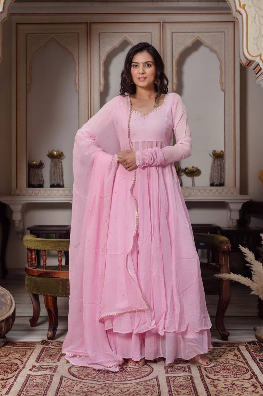 Baby Pink Fox Georgette Anarkali Suit Set with Handcrafted Detailing and Palazzo Baby Pink Fox Georgette Anarkali Suit Set with Handcrafted Detailing and Palazzo