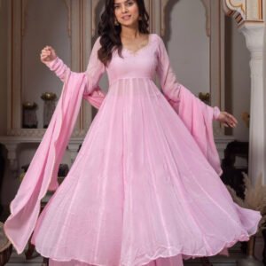 Baby Pink Fox Georgette Anarkali Suit Set with Handcrafted Detailing and Palazzo