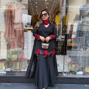 Black Roman Silk Hand Flower Embroidered Kurti Palazzo Set with Dupatta